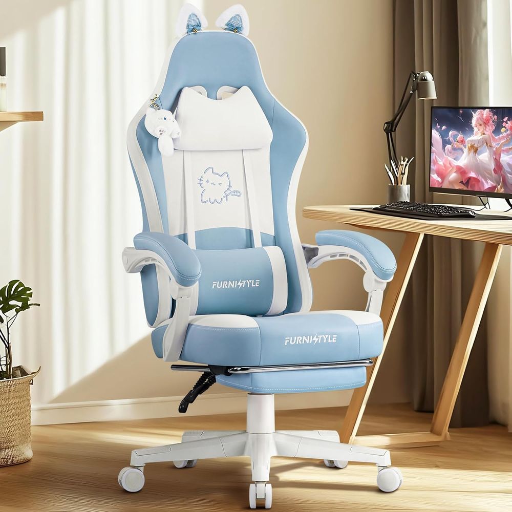 Gaming & Esports District - Ergonomic Blue/White Gaming Chair with Lumbar